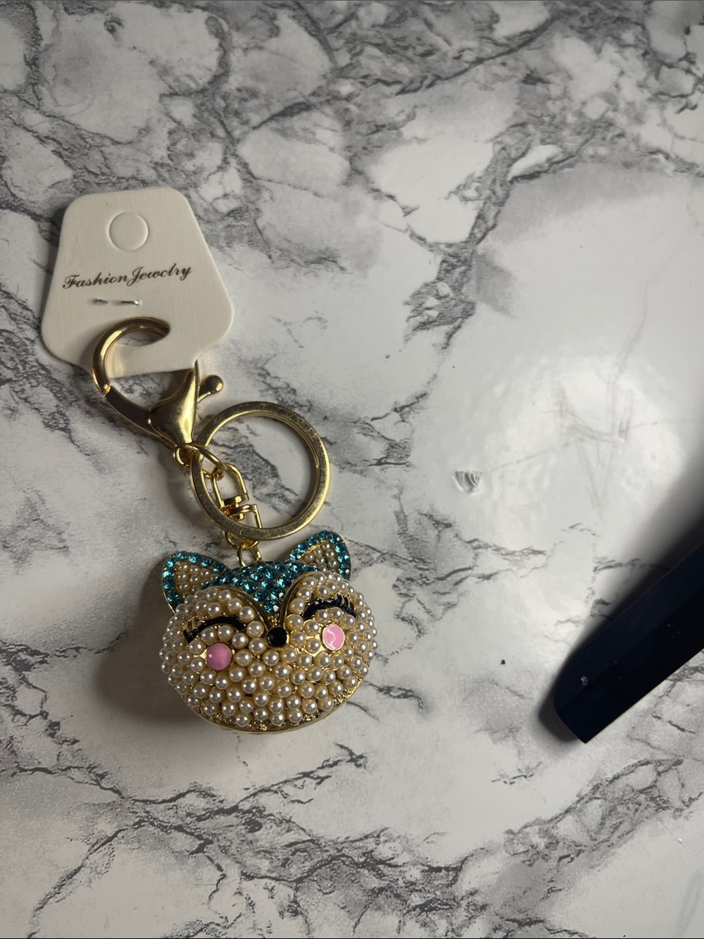 Pearl & Turquoise Fox Face Keyring